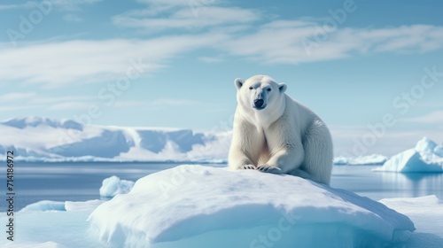 Big Polar Bear on a Glacier Sky: Melting Iceberg and Global Warming Concept AI Generated