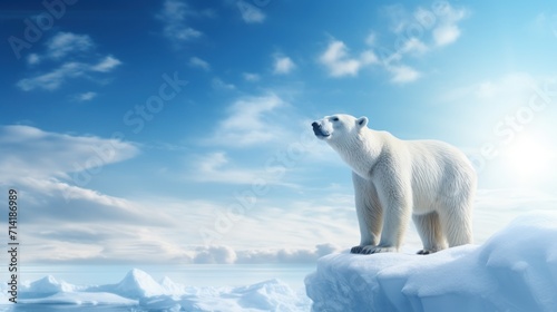 Big Polar Bear on a Glacier Sky: Melting Iceberg and Global Warming Concept AI Generated