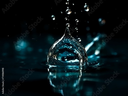 A drop of crystal clear water falls on the water surface, macro view