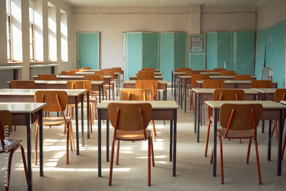 Middle shot image of school hollow classroom, back to school concept. Generative ai Middle shot image of school hollow classroom, back to school concept. Generative ai