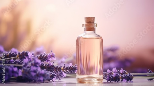 Lavender Essential Oil and Flowers on Light Purple Background AI Generated