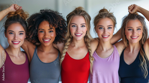 Group portrait of attractive happy diverse young women in yoga fitness studio. Beautiful people, fitness, and hygiene. photo