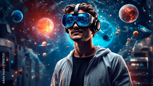 A man wearing virtuality glasses is immersed in a virtual intergalactic world.