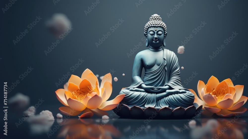 Buddha Figurine Among Lotus Flowers in a Modern 3D Style AI Generated