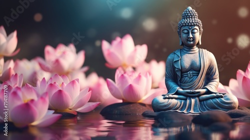 Buddha Figurine Among Lotus Flowers in 3D Style  Aromatherapy and Meditation Concept AI Generated