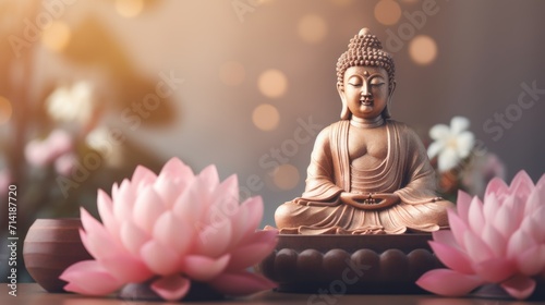 Buddha Figurine Among Lotus Flowers in 3D Style: Aromatherapy and Meditation Concept AI Generated