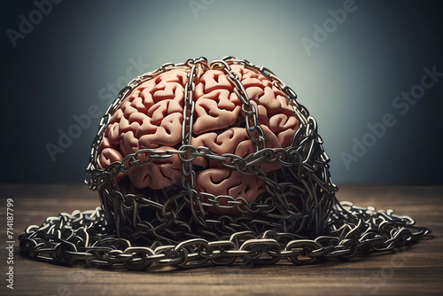 A human brain on a table and bound with chains.
 #714187799
