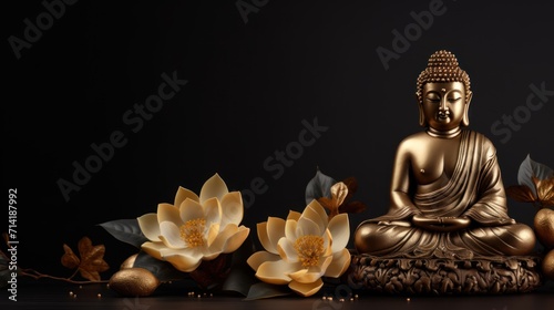 Golden Brass Buddha Statue Decorated with Lotus Blossoms on Black Background AI Generated