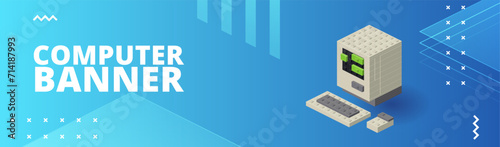 Banner with retro computer for print and design. Vector illustration. photo