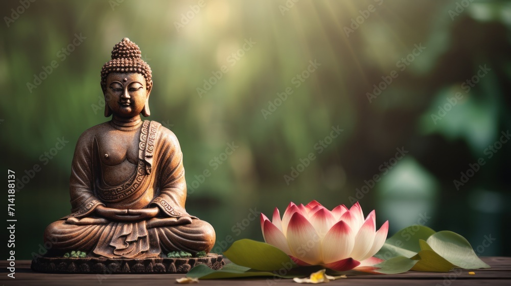 Tranquil Buddha Statue on Table with Lotus Flowers in Background AI Generated