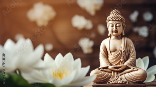 Buddha Statue on Table with White Lotus Flowers AI Generated