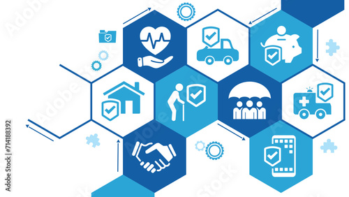 Insurance coverage. Blue concept with icons related to safety and protection, security, insured risks and liability. Health care, risk, help service. Car accident, travel insurance, flight protection.
