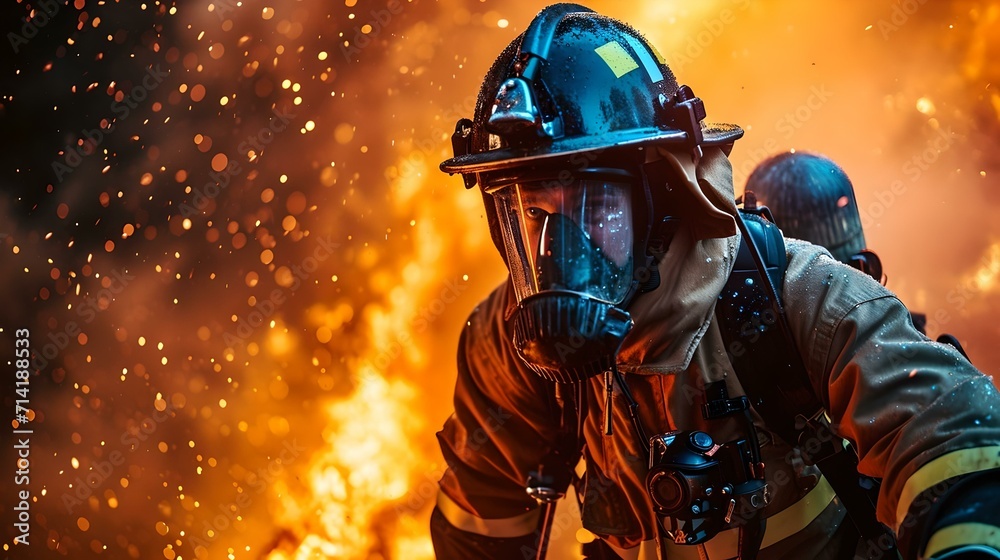 Brave firefighter in action against fiery blaze, sparks flying Brave firefighter in action against fiery blaze, sparks flying