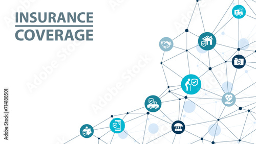 Insurance coverage. Blue concept with icons related to safety and protection, security, insured risks and liability. Health care, risk, help service. Car accident, travel insurance, flight protection.