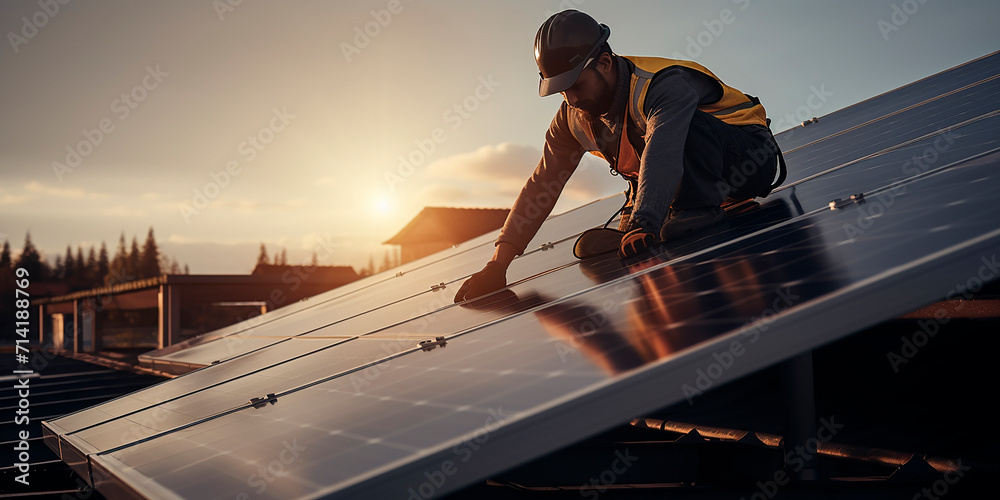 Technician installing solar panels on roof, installing photovoltaic solar panel system, clean electricity house concept, off-grid power supply - obrazy, fototapety, plakaty 