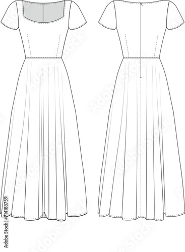 short sleeve zippered flared square neck maxi long a line summer dress template technical drawing flat sketch cad mockup fashion woman design style model