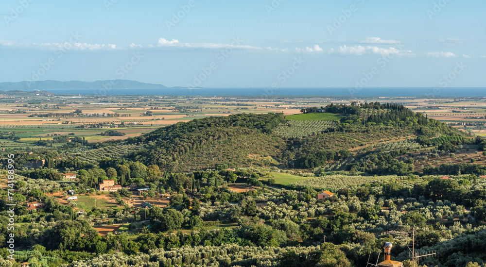 Amazing panorama from village of Campiglia Marittima, on a sunny summer afternoon. In the Province of Livorno, in the Tuscany region of Italy.