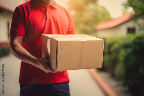 Delivery courier service. Delivery man in red uniform holding a cardboard box delivering to door of customer home. A man postal delivery man delivering package. Home delivery concept. © ERiK