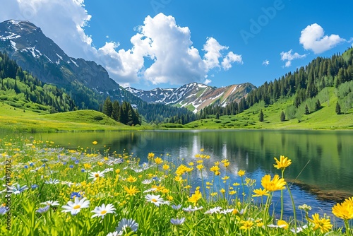 meadow on a mountain lake during summer