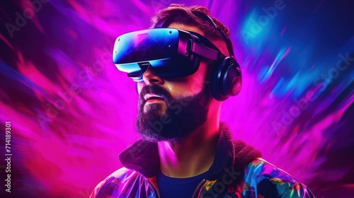Bearded Millennial Man Playing VR Simulation Fight with Controllers AI Generated