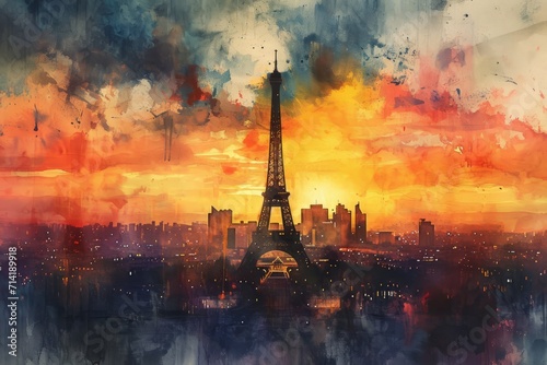 France. Eiffel Tower French Symbolism by watercolor paint Illustration. Symbol of France Illustration photo