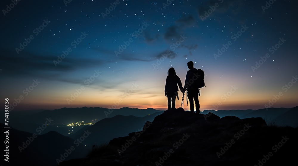 climbers stand on the peak under a night sky full of stars.,