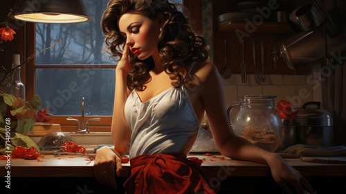 Pinup girl posing in a kitchen Ai-generated