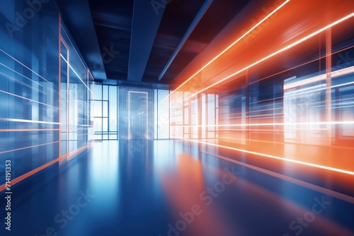 Modern office entrance with abstract blur and orange light effect.