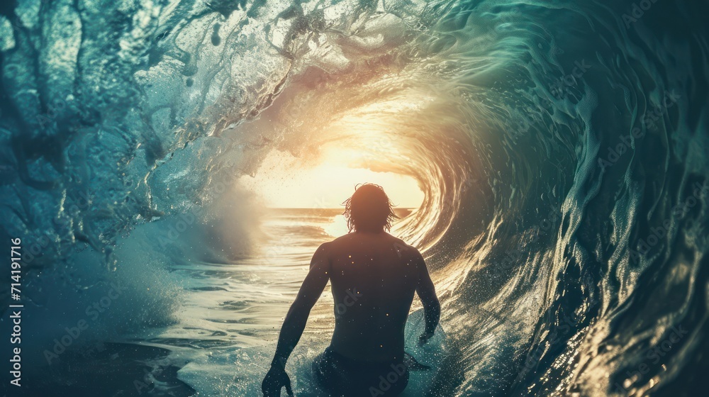 Fototapeta premium Surfer with board facing towering wave, back view