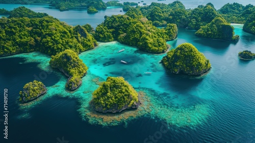 Vibrant aerial tropical archipelago, lush green islands © Minmon_Designhub