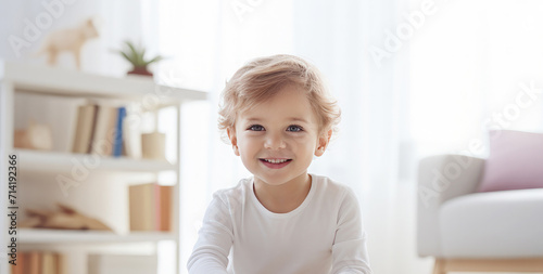 Portrait of a Happy Caucasian child in a bright room. Copy space for text. Banner