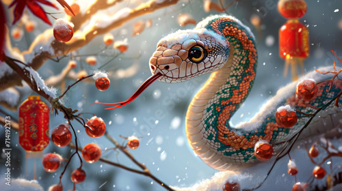 Happy Chinese New Year 2025, snake on the background of Christmas snow, zodiac sign according to the Chinese horoscope