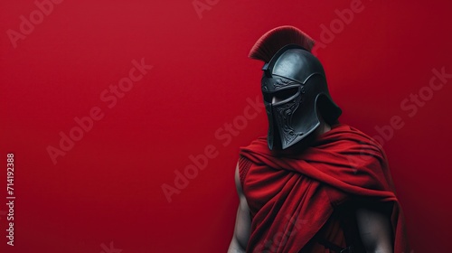Mysterious warrior in a helmet and red cloak against a bold red background, evoking themes of ancient history and epic battles photo