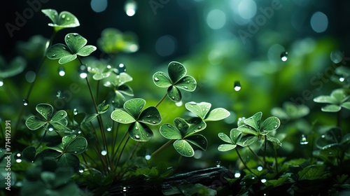 Mystical clover leaves with sparkling dew drops, a serene and magical representation of flora in soft light