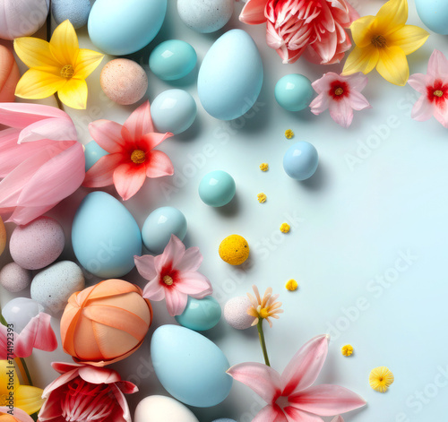 Easter poster and banner template with beautiful Easter multi-colored eggs and flowers.Promotion and shopping template for Easter. Beautiful easter promotion card.Top view  flat lay.Space for text