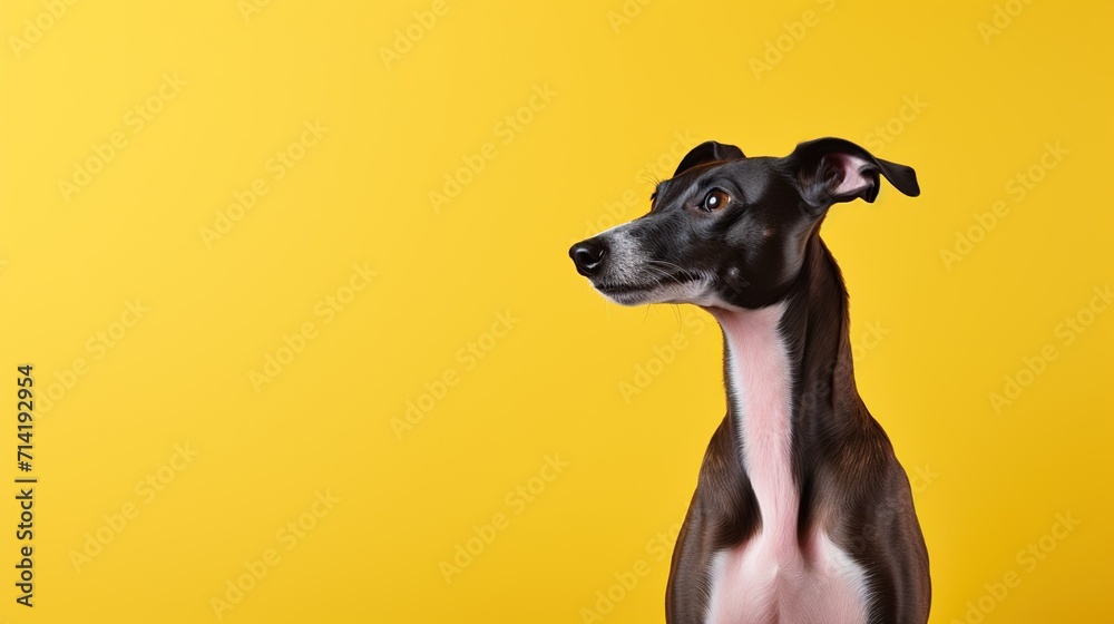 Elegant Italian Greyhound against a vivid yellow backdrop, showcasing its sleek silhouette and dignified stance