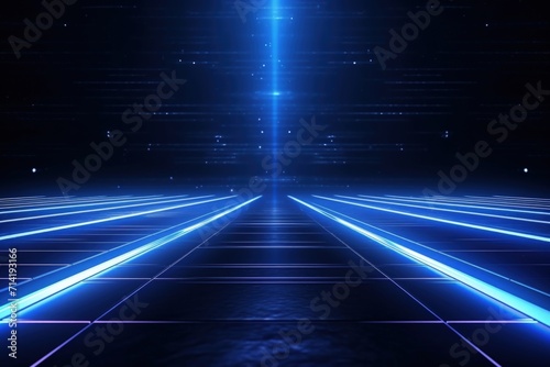 Abstract blue background with dark lines and spotlights.