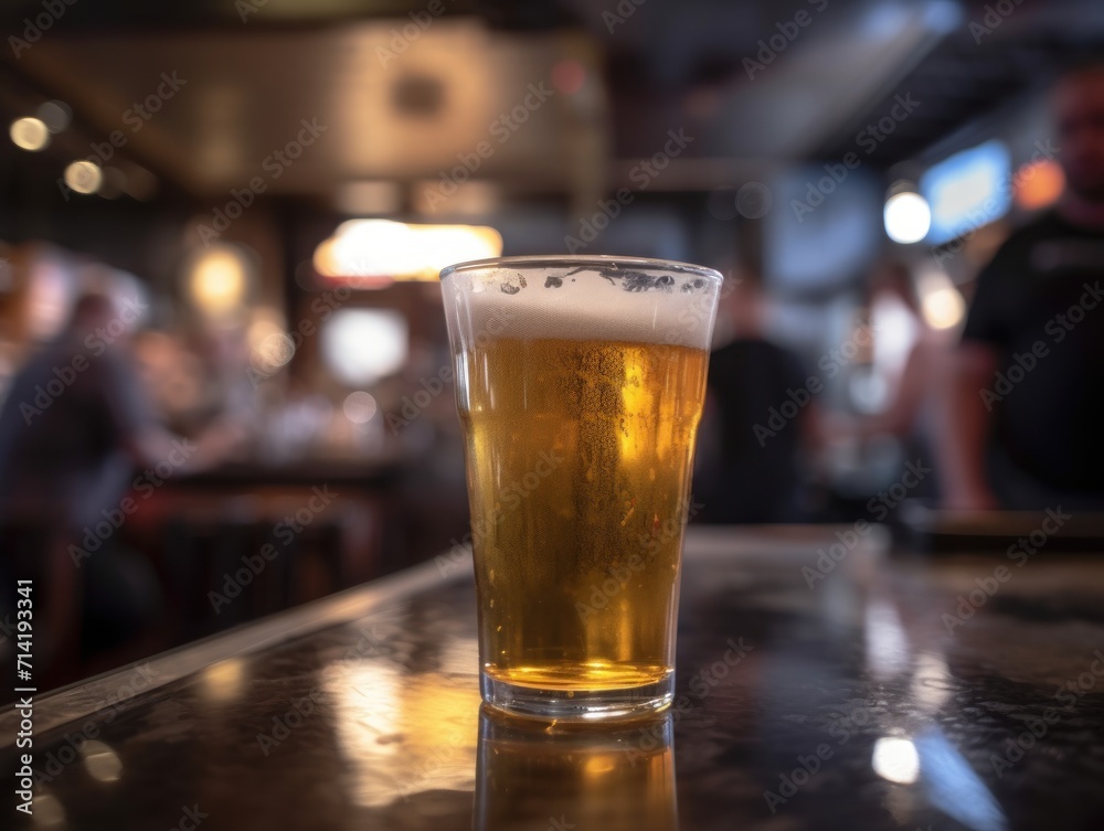 Ice-cold glass of beer being served at a bustling sports bar during happy hour Ice-cold glass of beer being served at a bustling sports bar during happy hour