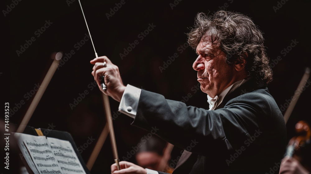 An atmospheric photograph of a conductor in the midst of a passionate performance, with the baton mid-swing and expressive facial expressions, capturing the emotional intensity and An atmospheric photograph of a conductor in the midst of a passionate performance, with the baton mid-swing and expressive facial expressions, capturing the emotional intensity and