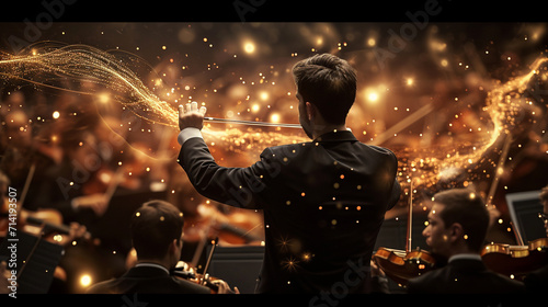 An immersive photograph featuring a conductor leading a chamber orchestra, with the baton tracing elegant arcs in the air, capturing the precision and artistry of their movements, photo