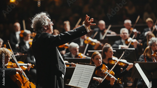 A visually rich composition showcasing a conductor in front of a large symphony orchestra, with a panoramic view of instruments, strings, and brass sections, highlighting the condu