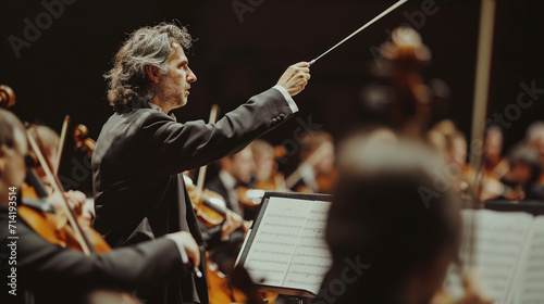 An immersive photograph featuring a conductor leading a chamber orchestra, with the baton tracing elegant arcs in the air, capturing the precision and artistry of their movements, photo
