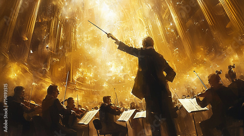 A captivating image capturing a conductor in the midst of directing a symphony, with their baton suspended in mid-air, surrounded by the dynamic movement of musicians and the ambia