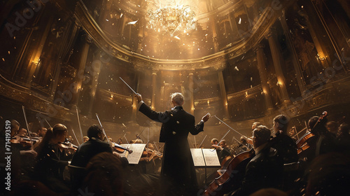 A captivating image capturing a conductor in the midst of directing a symphony, with their baton suspended in mid-air, surrounded by the dynamic movement of musicians and the ambia
