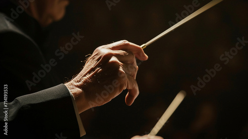 A close-up shot of a conductor's hands and baton, capturing the intricate details of their gestures and the dynamic energy conveyed through the baton's movement, creating a visuall