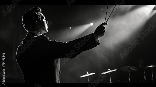 A dramatic shot of a conductor and baton in a monochromatic setting, with shadows and highlights accentuating the conductor's movements, creating a visually dynamic and timeless re