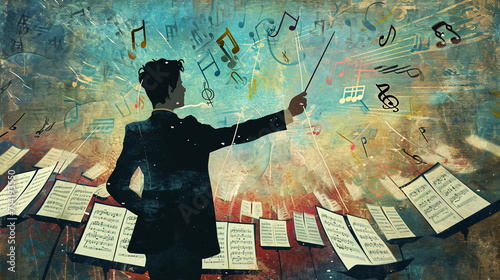 An artistic representation of a conductor in a rehearsal setting, surrounded by sheet music and a diverse ensemble, with the baton conducting a symphony of musical notes in the air photo