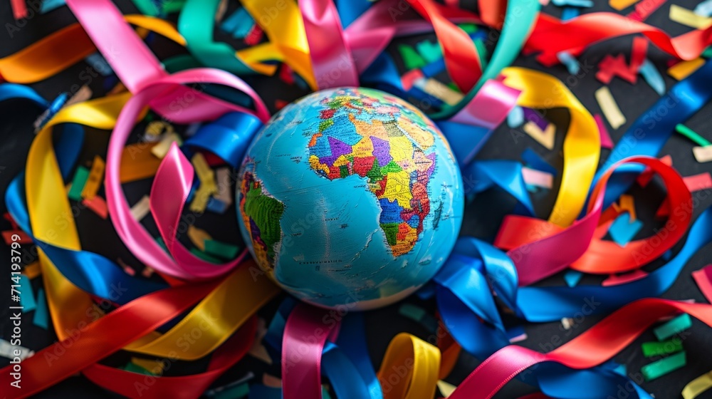 Earth globe surrounded by colorful ribbons