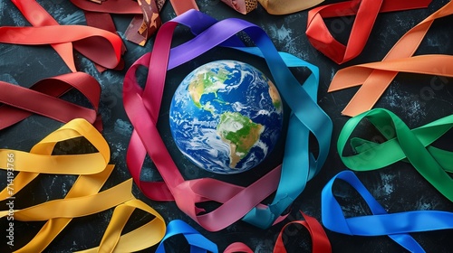 Colorful awareness ribbons laying in circle and earth globe in the middle, top view photo