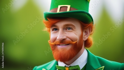 A young man in the form of a smiling leprechaun elf, the symbol of St. Patrick's Day. A funy character is an Irish leprechaun with a red natural beard in a green suit and a green hat for advertising. photo